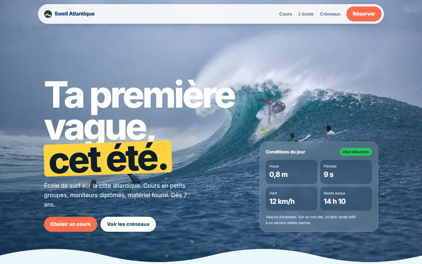 Site de démonstration conçu par LIARO : Swell Atlantique, école de surf, version ordinateur